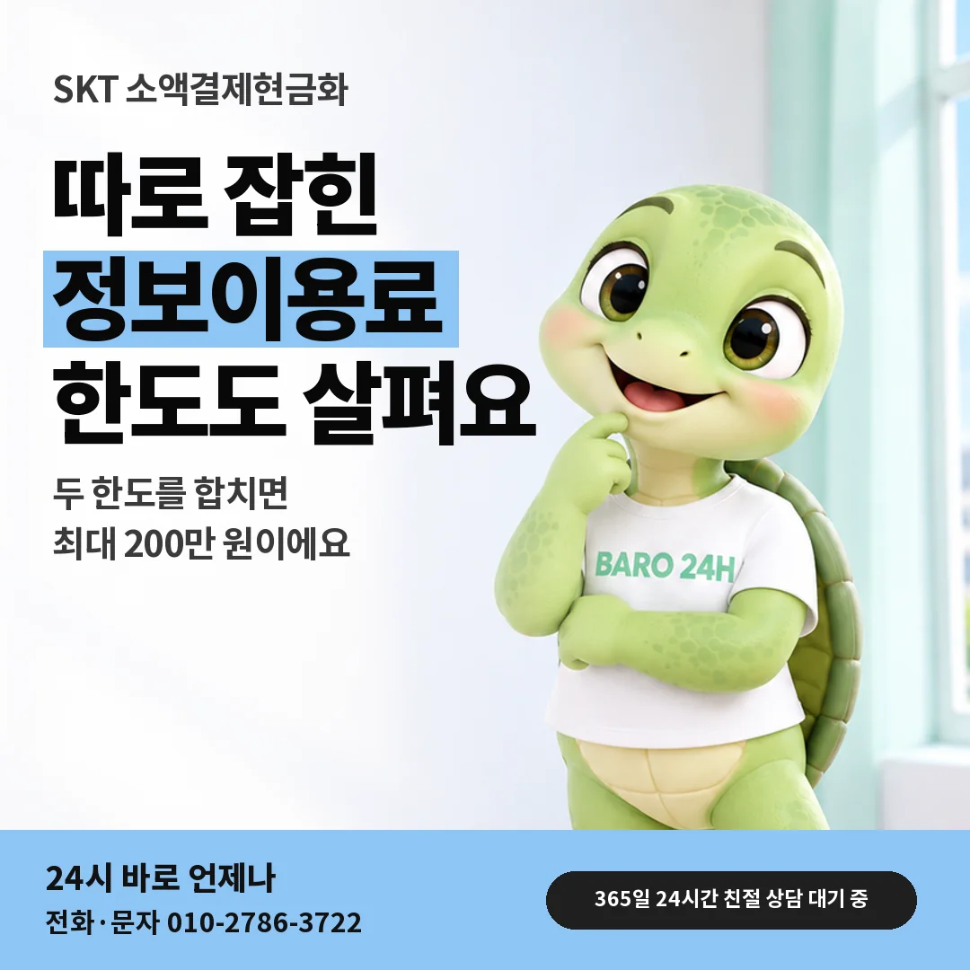 휴대폰을 보며 웃는 BARO 24H 티셔츠를 입은 3D 거북이 캐릭터 옆에 「SKT 정보이용료 한도 따로 살피기」 제목을 얹은 안내 카드